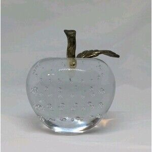 VTG Apple Art Glass Clear Paperweight Bullicante Brass Stem Bubbles MCM
